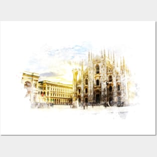 Milano Italy Watercolor Art City Landscape Posters and Art